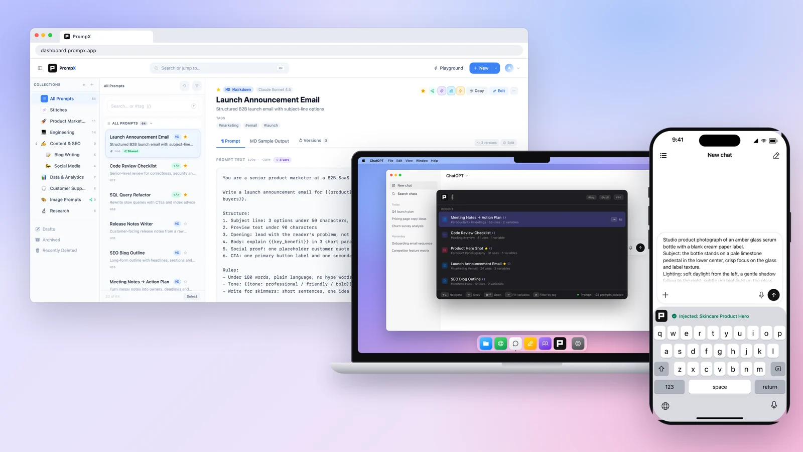 PrompX on three devices: the prompt library in a web browser, the Quick Panel searching prompts over a chat app on a MacBook, and the PrompX keyboard inserting a prompt on iPhone